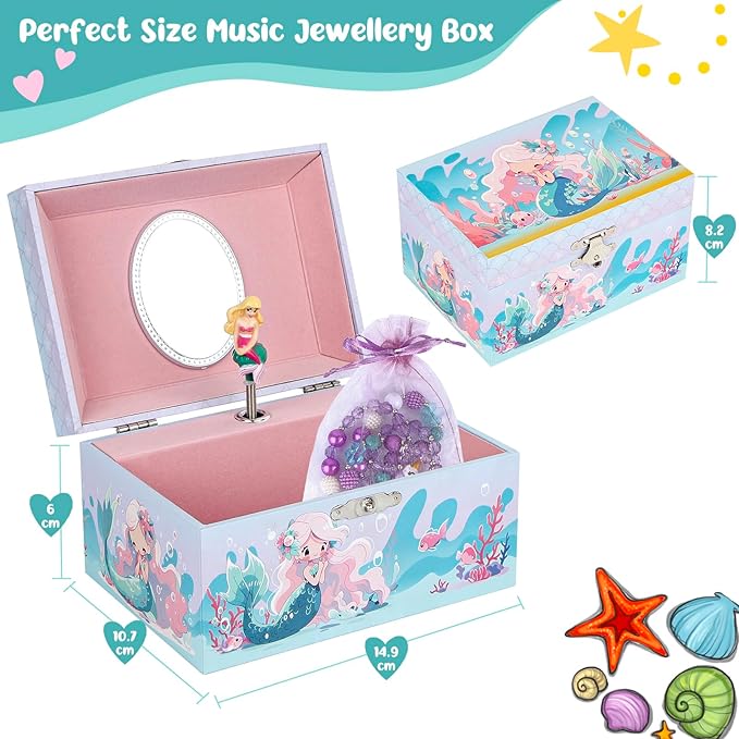 Girls' Musical Jewelry Box Organizer with Jewelry Set - blue ocean mermaid Theme, OVER THE WAVES Tune - Jewelry Storage and jewelry box for girls