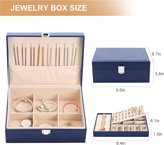 Jewelry Organizer Box PU Leather Jewelry Box for Girls Womens Earring Organizer Boxes 2 Layer Large Jewelry Storage Case Removable Tray for Necklace Earring Ring with Polishing Cloth and Jewelry Bags