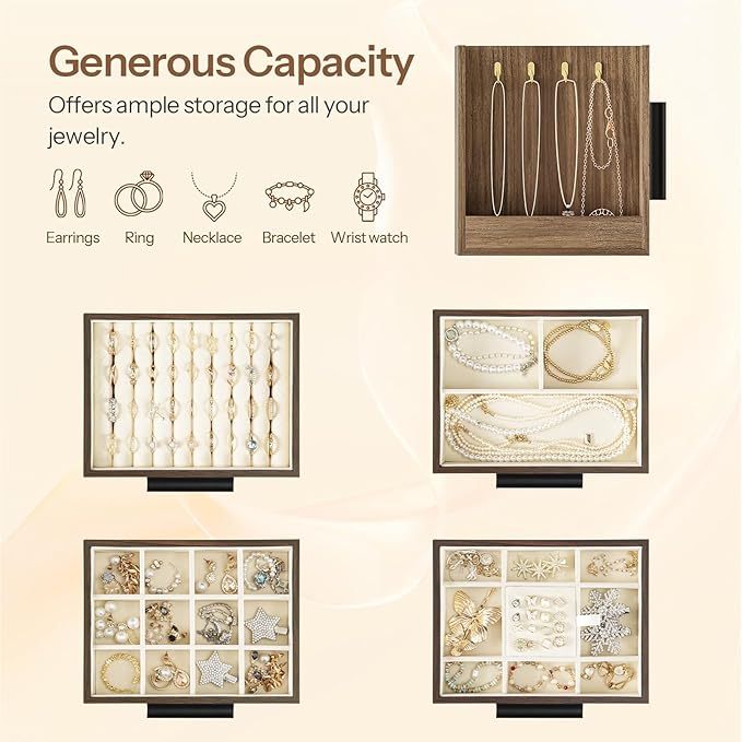 HOOBRO Jewelry Box for Women, Wooden Jewelry Organizer with Transparent Window, 4-Layer Jewelry Organizer Box, Jewelry Holder Organizer for Earrings, Necklaces, Rings, Light Walnut and Black BSD09JB04
