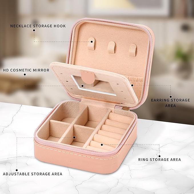 Neveika Jewelry Box with Mirror,Small Jewelry Organizer Box，Travel Jewelry Case for Women，Gift Jewelry Boxes for Female Girls (2pcs mirror pink)