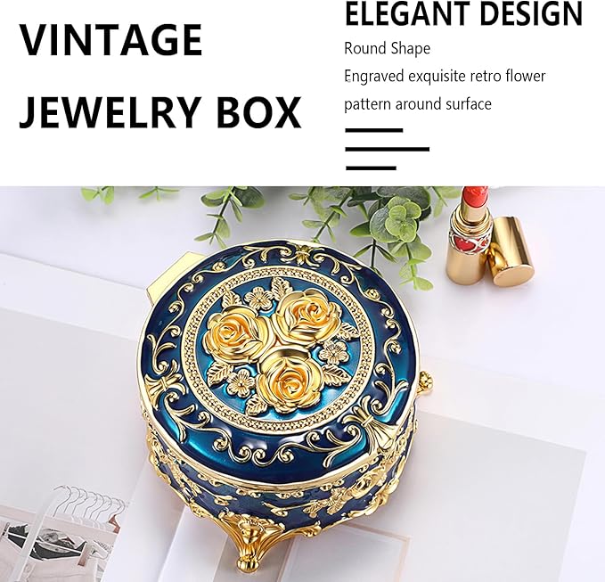 Hipiwe Vintage Jewelry Box Metal Keepsake Box Round Treasure Storage Case for Ring Earrings Necklace Holder Wedding Birthday Gift for Woman, Blue, 5.7" L x 5.1" W x 3.5" H