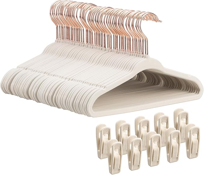 Tonswachic 50-Pack 11 Inch Baby Closet Hangers with 10 Clips - Soft Velvet Non-Slip Hangers for Infant & Toddler Clothes (Beige)