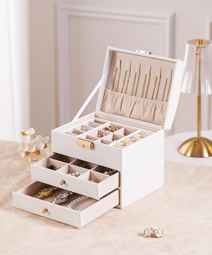 Homde Mothers Day Gifts Small Girls Jewelry Box with Lock: 3 Layer Organizer with Removable Tray - Storage for Ring Necklace Earring - Birthday & Return Gifts for Young Women (Cloud White)