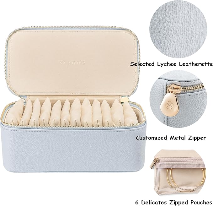 VLANDO Travel Jewelry Box Organizer – Portable PU Leather Jewelry Case with 6/8/12 Zippered Pouches, Compact Storage for Earrings Rings Necklaces Bracelets, Baby Blue