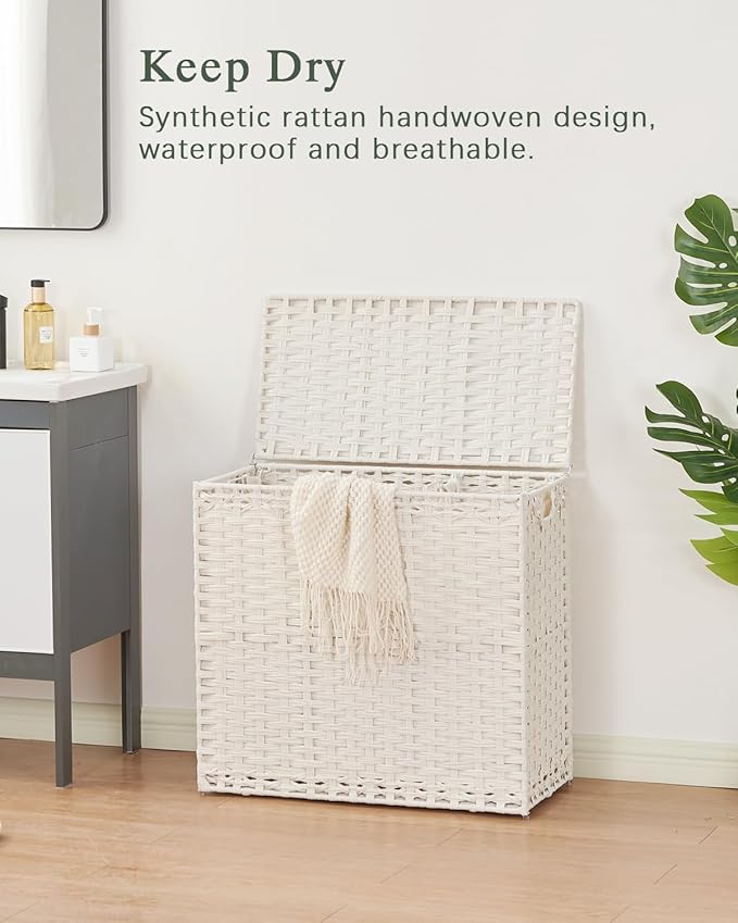 SETVSON Laundry Hamper with Lid Laundry Basket 132 L (35 Gal) Wicker Clothes Hamper, Handwoven Rattan Hamper with Handles and 4 Removable Liner Bags, 6 Mesh Bags for Laundry Bedroom White