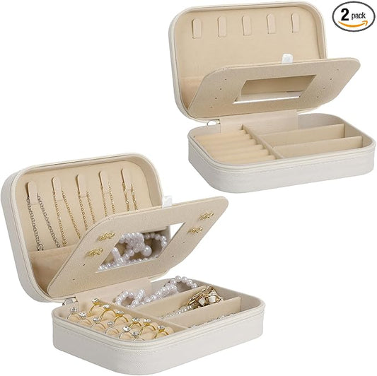 2-Pack PU Leather Travel Jewelry Organizer Cases with Mirror for Women, Portable Velvet Jewelry Box Set for Earrings, Rings, Necklace, Bracelet - Luxury Gift Set (Beige)