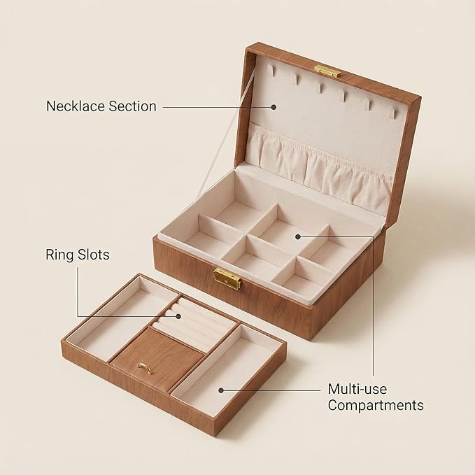 Jewelry Box Organizer for Women Girls Gift, 2 Layer Large Jewelry Storage Case, Vintage Wood PU Leather Display Jewellery Holder with Removable Tray for Necklace (Redwood grain)