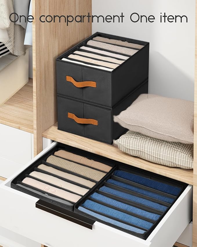 Homsorout Closet Organizers and Storage - Fabric Clothes Organizer with Handles, Foldable Jeans Organizer for Clothes, Drawer Organizer for Shirts, Bra, Sweater, Scarf, 8 Pack, Black