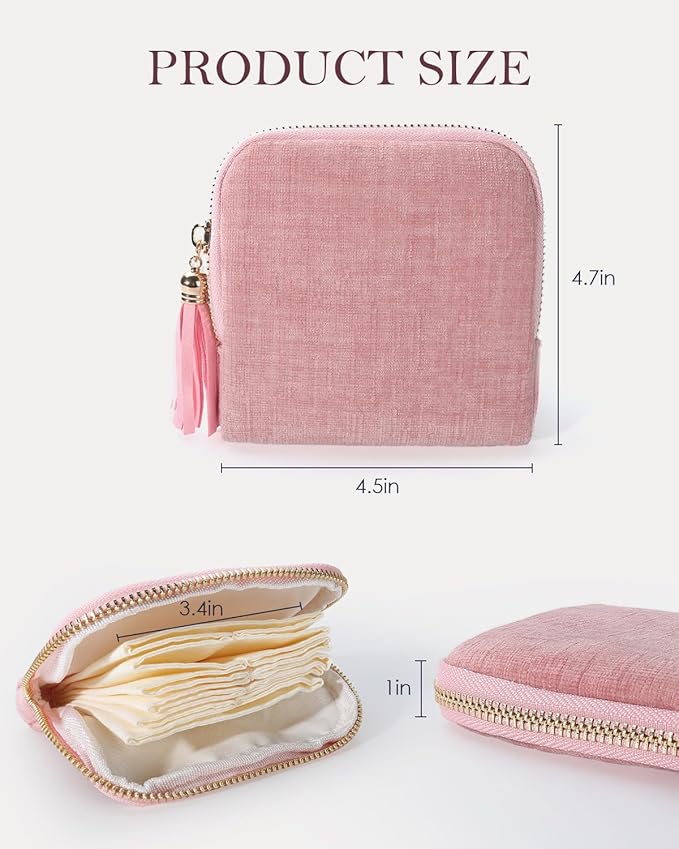 COOLYOUTH Travel Jewelry Case Organizer for Women Portable Jewelry Box with Small Pouches Mini Jewelry Bag for Rings, Bracelets, & Bangles with Smooth Metal Zipper (Pink)