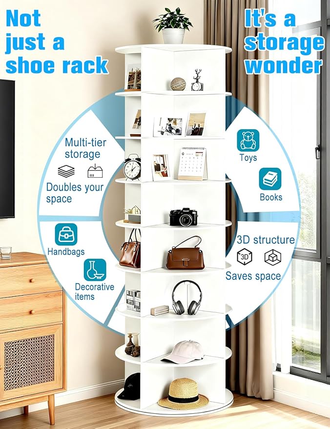 8 Tier Rotating Shoe Rack Tower, Spinning Shoe Organizer Rotating Shelf, Space-Saving 360° Revolving Shoe Rack Storage Round Carousel for Entryway, Closet & Bedroom (Shoe Rack 01)