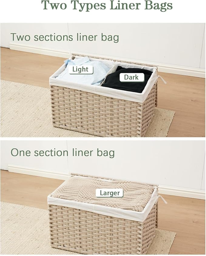 SETVSON Storage Basket with Lid Rattan Woven Storage Baskets with 2 Separate Lids, 17.2 Gallon (65 L) Wicker Storage Bins Foldable 2 Removable Liner Bags Handles for Bedroom, Laundry Room Light Khaki