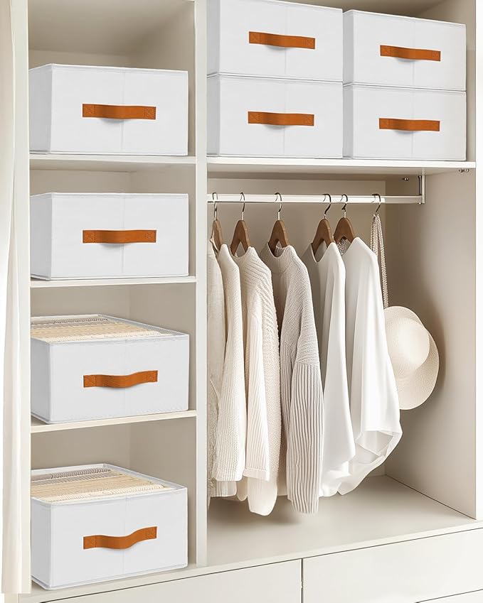 Homsorout Purse Organizer for Closet, Fabric Handbag Storage Organizer with Handles, Foldable Bag Organizer Drawer for Flat Handbags, Clothes, Towels or Pants, Closet Storage Organizer, White, 6 Pack