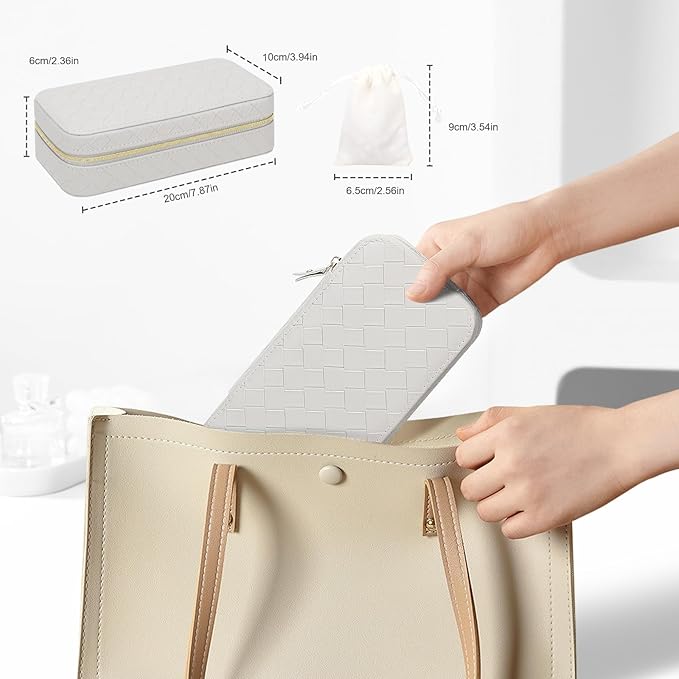 DesignSter Travel Jewelry Case, Woven Embossed PU Leather Jewelry Organizer with Mirror, Small Portable Jewelry Box for Women Rings Necklaces Bracelets Earrings
