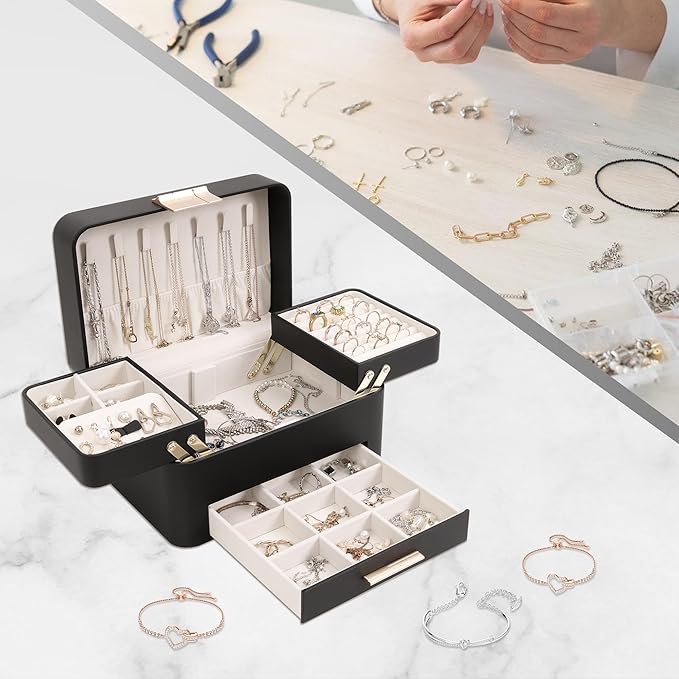 KAMIER Jewelry Box for Women, 3 Layers Jewelry Organizer with Drawers, Large Jewelry Storage Organizer for Earring, Ring, Necklace, Bracelets, Green
