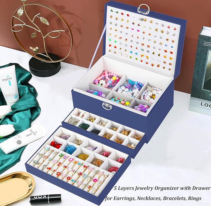 QBestry Earring Jewelry Box for Women Girls Stud Organizers, 5 Layers Navy Jewelry Organizer Box with Lock Necklaces and Earrings Holder Jewelry Box with Earring Organizer for Women Girls Xmas Gifts