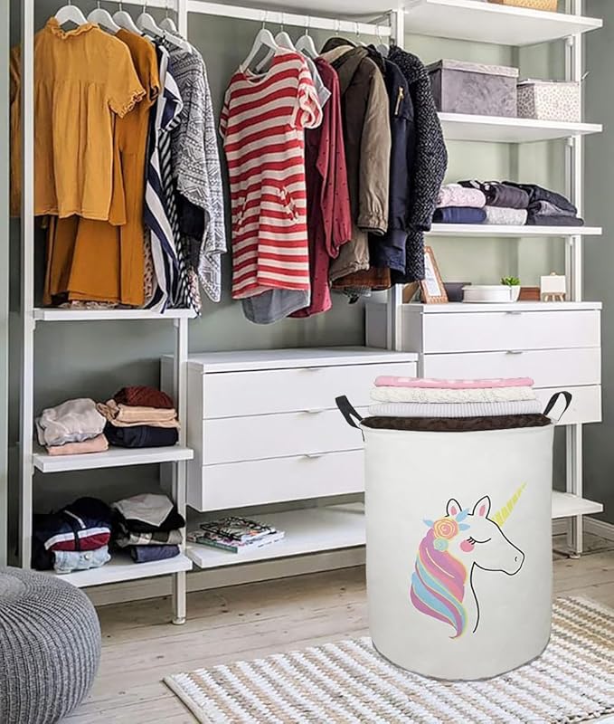 Collapsible Kids Laundry Basket Clothes Hamper, Foldable Storage Organizer Bin, Toy Clothes Storage with Handles for Boys Girls Bedroom, Room Decor Unicorn