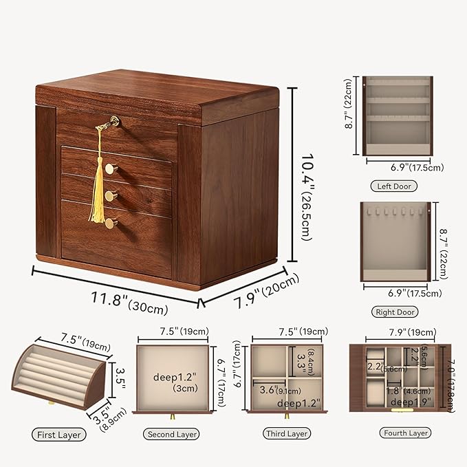Black Walnut Wooden Jewelry Box, Wood Jewelry Organizer with 2 Side Doors Mirror Lockable Classical for Watch Necklace Ring Earring Mothers Day Gifts for Mo-4 Layer with Curved Ring Grooves