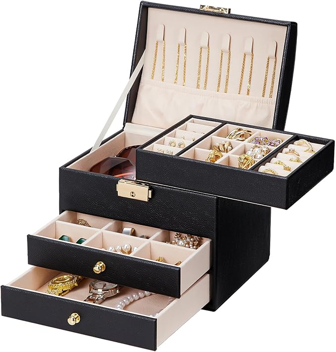 Homde Mothers Day Gifts Small Girls Jewelry Box with Lock: 3 Layer Organizer with Removable Tray - Storage for Ring Necklace Earring - Birthday & Return Gifts for Young Women (Graphite Black)