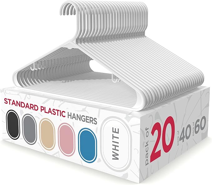 Sharpty Plastic Hangers Clothes Hangers for Clothing, Closet, Coats & Shirts - Durable, Thick, Tough & Space Saving - for Everyday Standard Use, Room Essentials & Basics - 20 Pack - White