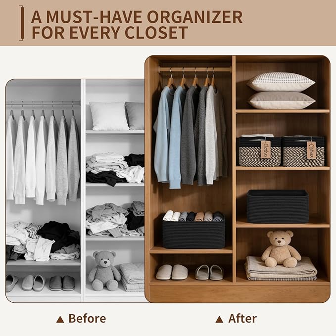 Goodpick 4 Pack Storage Baskets for Shelves, Rectangle Wicker Storage Bins for Baby Shower Toys, Decorative Organizer Shelf Baskets for Gifts Empty, 13''L x 8''W x 6''H, Black & Jute