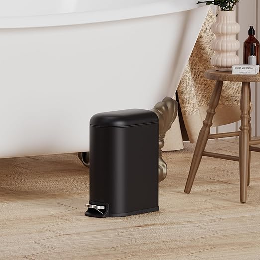CEROELDA Small Bathroom Trash Can with Lid Soft Close, 5L/1.3 Gallon Stainless Steel Slim Garbage Can, Metal Waste Basket with Step Pedal, for Office, Bedroom, Toilet, Dorm Room (Black, 1.3 Gallon)