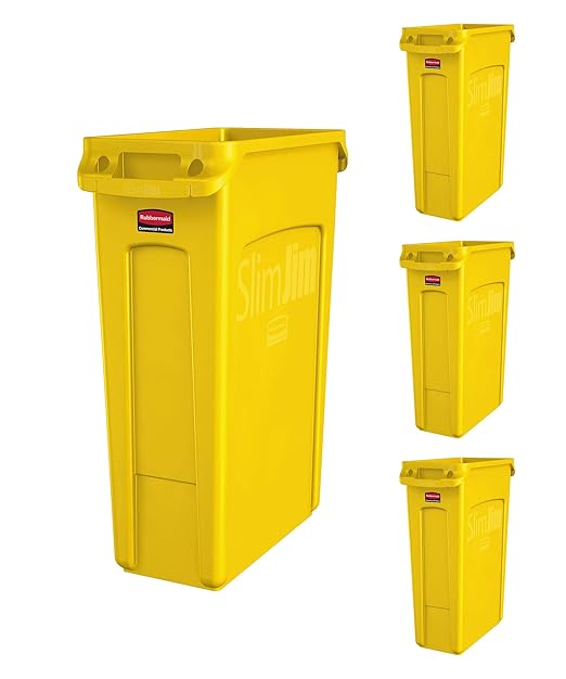 Rubbermaid Commercial Products Slim Jim Trash/Garbage Can with Venting Channels, 23-Gallon, Yellow, for Kitchen/Office/Workspace, Pack of 4