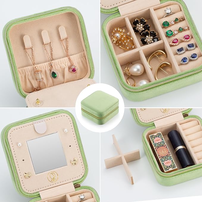 TRODANCE Plush Velvet Travel Jewelry Case Organizer, Small Travel Jewelry Box,Portable Jewelry Box Travel Mini Organizer Portable Display Storage Box For Rings Earrings Necklaces (Grass Green)
