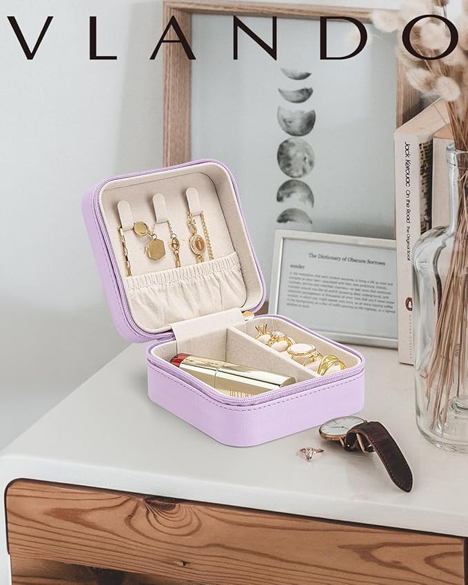 VLANDO Small Travel Jewelry Box Organizer - Girls Women Gift Rings Earrings Necklaces Jewelry Storage Display Case Purple