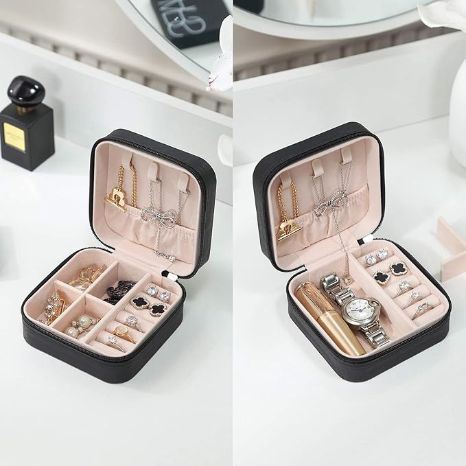 Mini Jewelry Travel Case,Small Travel Jewelry Organizer,Travel Portable Jewelry Case for Ring, Pendant, Earring, Necklace, Bracelet Organizer Storage Holder Boxes (Black)