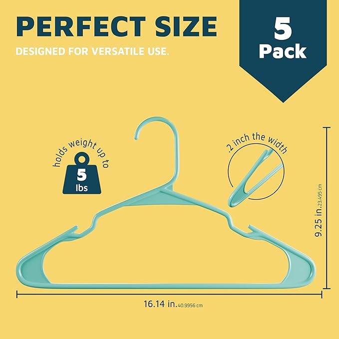 Lifemaster Plastic Clothes Hangers – Heavy Duty Hanger Set, for Organizing Clothes, Dresses, and Coat, Holds Up to 5 lbs, Space-Saving Hangers with Non-Slip Shoulder Grooves, Pack of 5, Aqua