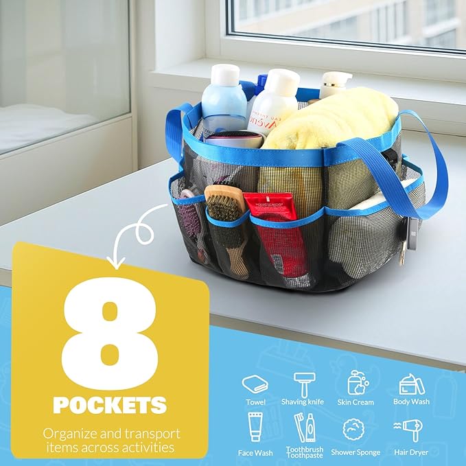 LOYEE Mesh Shower Caddy Portable for College Dorm Room Essentials with 8 Pockets, Shower Bag for Beach, Swimming, Gym, Travel, Bathroom(Blue)
