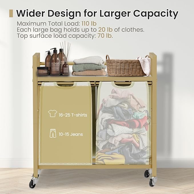 SwaaVee Laundry Hamper, Laundry Basket, Laundry Sorter with 3 Removable Bags, Clothes Basket with 3 Compartments, Wheels, Shelf for Laundry Room Bathroom Bedroom (2 Bags-Golden)