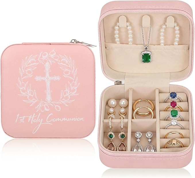 First Communion Travel Jewelry Box, Small Pink Case with Zipper & Soft Lining, Christian Keepsake Organizer for Rings Earrings Necklaces, Religious Keepsake Gift for Girls (1, Pink)