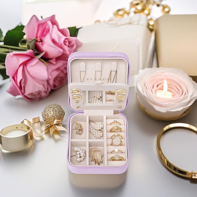 Vlando Small Travel Jewelry Box Organizer - Mirrored Carry-on Jewelries Necklaces Rings Earrings Necklace Storage Case, Purple