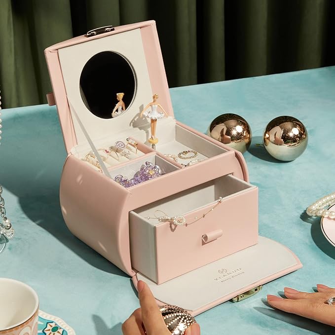 VLANDO Kids Musical Jewelry Box for Girls with Drawer, Music Box with Ballerina and Stickers for Birthday Bedroom Decor, Valentines Day Gifts for Daughter Girls Kids - Pink