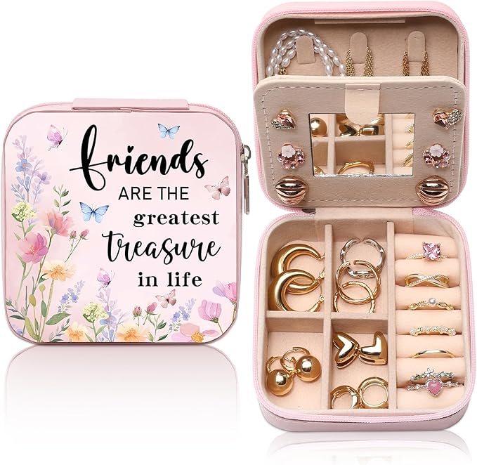 GAOLZIUY Friendship Gifts for Women Girls, Friend Travel Jewelry Box with Flowers, Portable Jewelry Organizer Case, Bestie Birthday Gifts for Best Friend