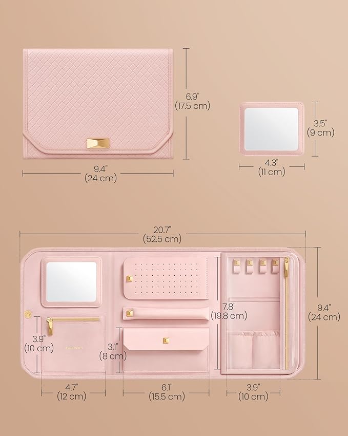 SONGMICS HOME Travel Jewelry Case, Foldable Jewelry Organizer with Mirror, Sectioned Storage, Large Capacity, Woven Embossed PU Leather, Gift Idea, Jelly Pink UJBC196R01