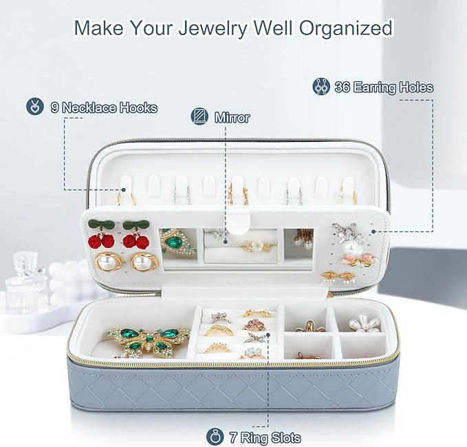 DesignSter Travel Jewelry Case, Woven Embossed PU Leather Jewelry Organizer with Mirror, Small Portable Jewelry Box for Women Rings Necklaces Bracelets Earrings