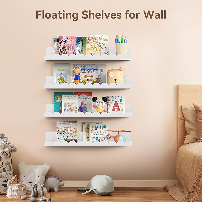 Nursery Book Shelves, 17 Inch Metal Floating Shelves for Wall 4 Pack, Scalloped Shelves, Wall Mounted Book Shelf for Kids Bedroom, Baby Room, Nursery Decor (White)