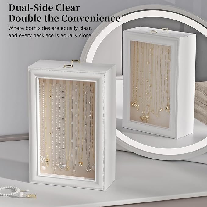 Necklace Organizer Box - 2-Layer Double-Sided Clear Lid Jewelry Storage Case, Anti-Tangle Necklaces Display Holder for Pendants Bracelets, Jewelry Organizer for Women Girls (White)