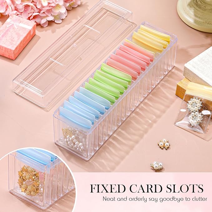Kenning 63 Pcs Acrylic Jewelry Case Organizer, Clear Jewelry Organizers Holder with Portable Anti Tarnish Storage Bags for Rings, Earrings, Necklaces, Ideal Gifts for Women (Four Color Mixture)