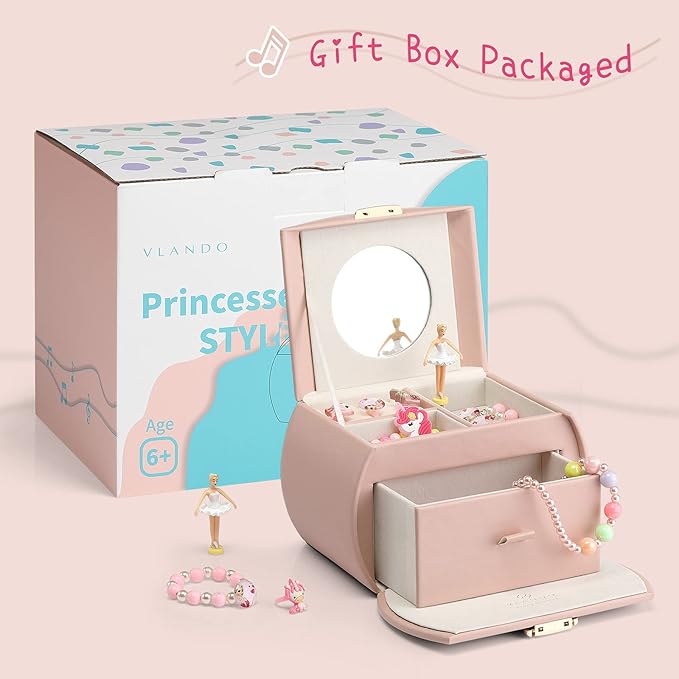 VLANDO Kids Musical Jewelry Box for Girls with Drawer, Music Box with Ballerina and Stickers for Birthday Bedroom Decor, Valentines Day Gifts for Daughter Girls Kids - Pink