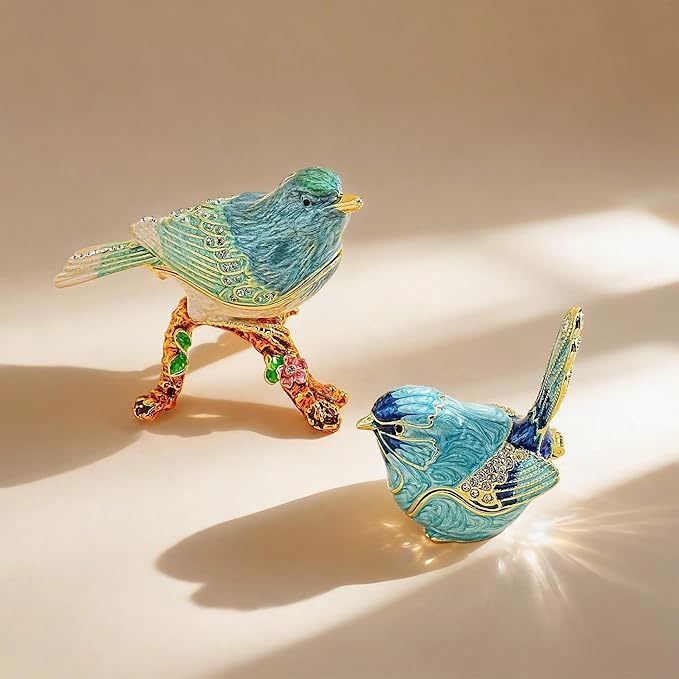 YU FENG Enamel Bird Trinket Box Jewelry Organizer, Hand Painted Decorative Hinged Keepsake Box – Blue Green Perched Bird