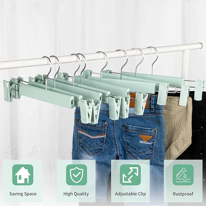 Skirt Hangers，Pants Hangers with Clips，360 ° Swivel Hooks Space Saving Hangers for Pants, Skirts, Clothes, Jeans (20Pack, Light Green)