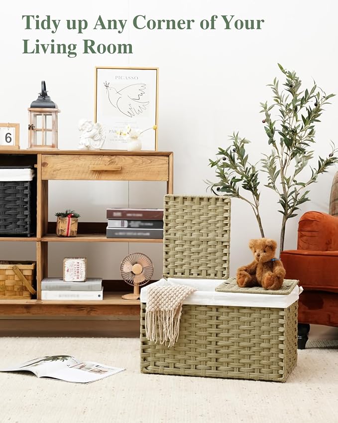 SETVSON Storage Basket with Lid Rattan Woven Storage Baskets with 2 Separate Lids, 17.2 Gallon (65 L), Wicker Storage Bins Foldable, 2 Removable Liner Bags Handles for Bedroom, Laundry Room Green