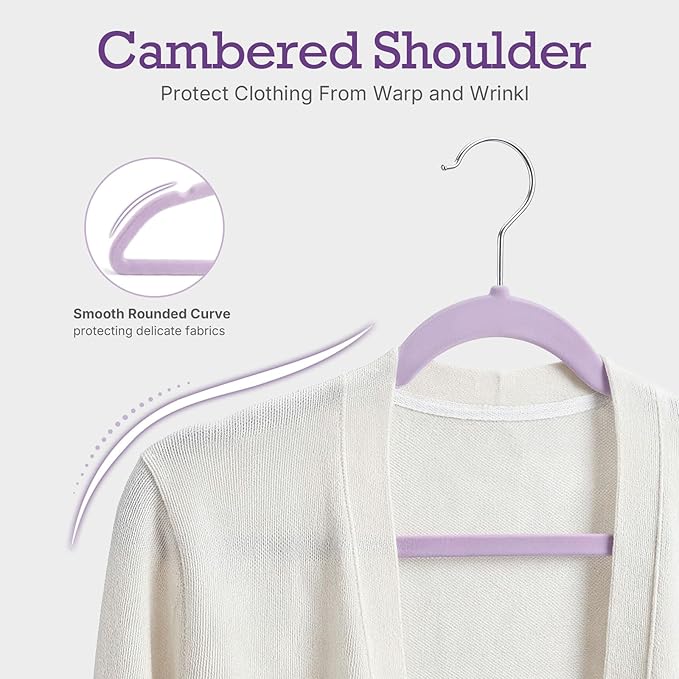 HOUSE DAY Lt-Purple Velvet Hangers 60 Pack, Non Slip Clothes Felt Hanger Heavy Duty for Coat, Premium Slim Space Saving Suit Hangers for Closet Organizer, 360° Rotating Silver Hook