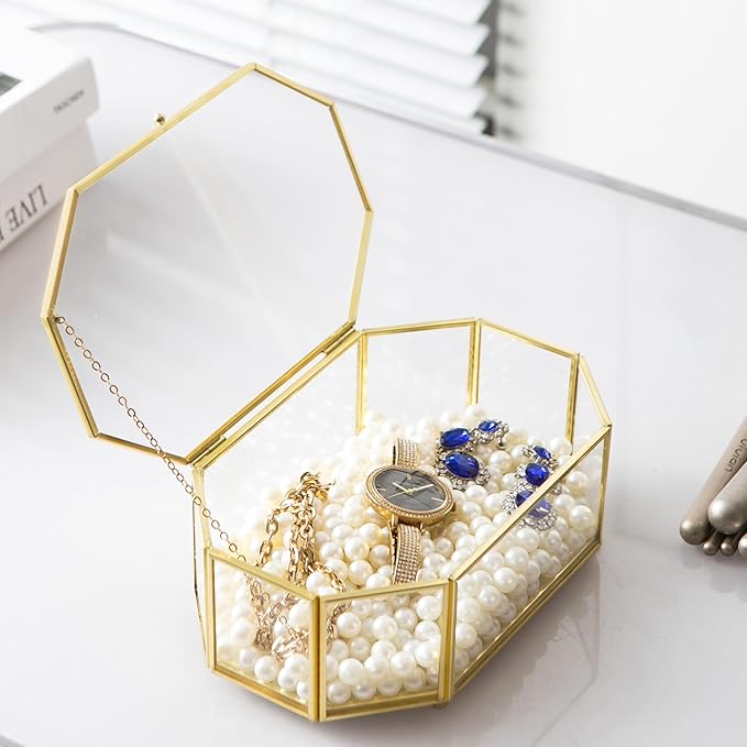 Glass Keepsake Organizer - Vintage Octagon Lidded Gold Home Decor Accent Box for Storage Rings, Bracelets