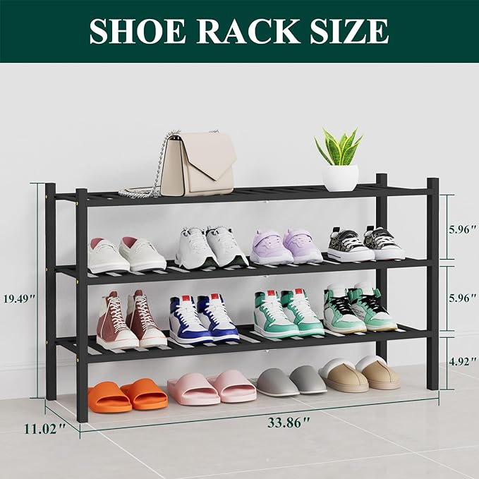 Smiry Shoe Rack, 3 Tier Thick Long Bamboo Shoe Organizer, Stackable Free Standing Wooden Shoe Storage Shelf for Closet, Entryway, Front Door Entrance, Black