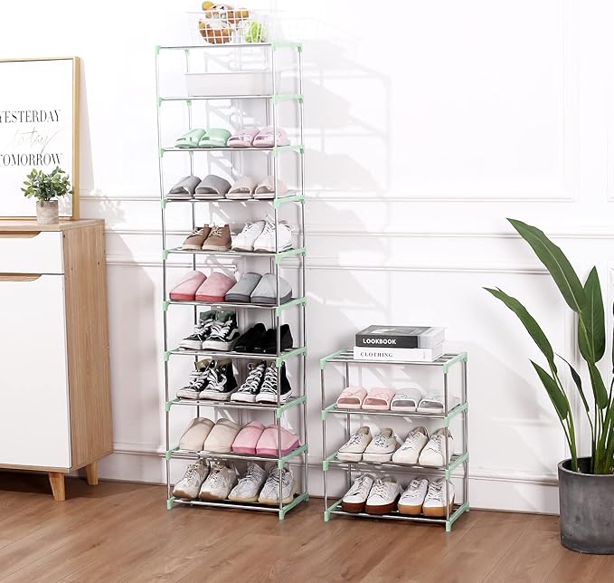 Jucaifu Stackable Small Shoe Rack, Entryway, Hallway and Closet Space Saving Storage and Organization (4-Tier, Green)