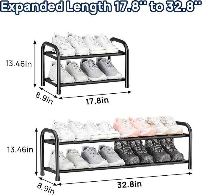 ENJOYBASICS 2 Tier Expandable Shoe Rack for Closet, Free Standing Metal Shoe Shelf Storage Organizer Holder 8 Pairs, Adjustable Width Shoe Rack for Entryway Small Space, Black